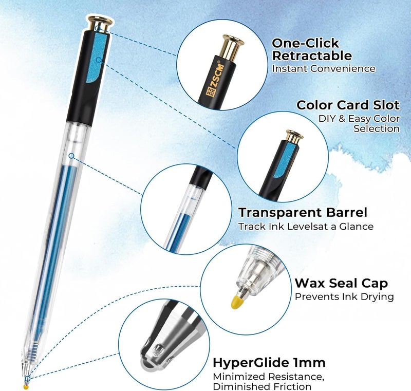 ZSCM Retractable Glitter Gel Pens, 12 Colors Large Capacity Blue Glitter Metallic Gel Ink Pen, 1 mm Fine Point Smooth Writing Color Pens for Adult Coloring Book Note Taking Aesthetic Art Supplies - Image 2